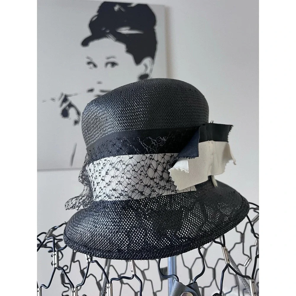 Vintage Black‎ Straw Cloche Hat with Net Veil and Grosgrain Ribbon Bow